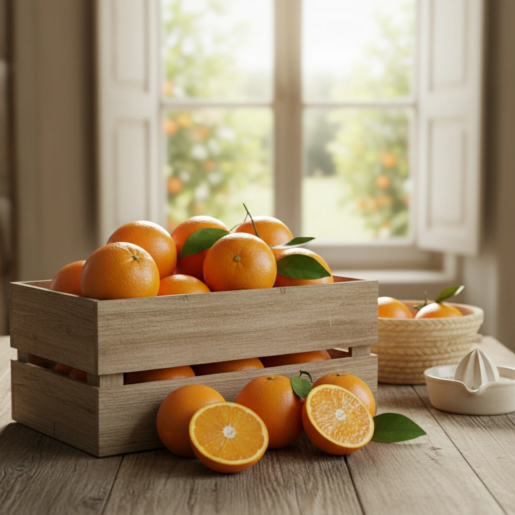 Una caja de naranjas en el supermercado.